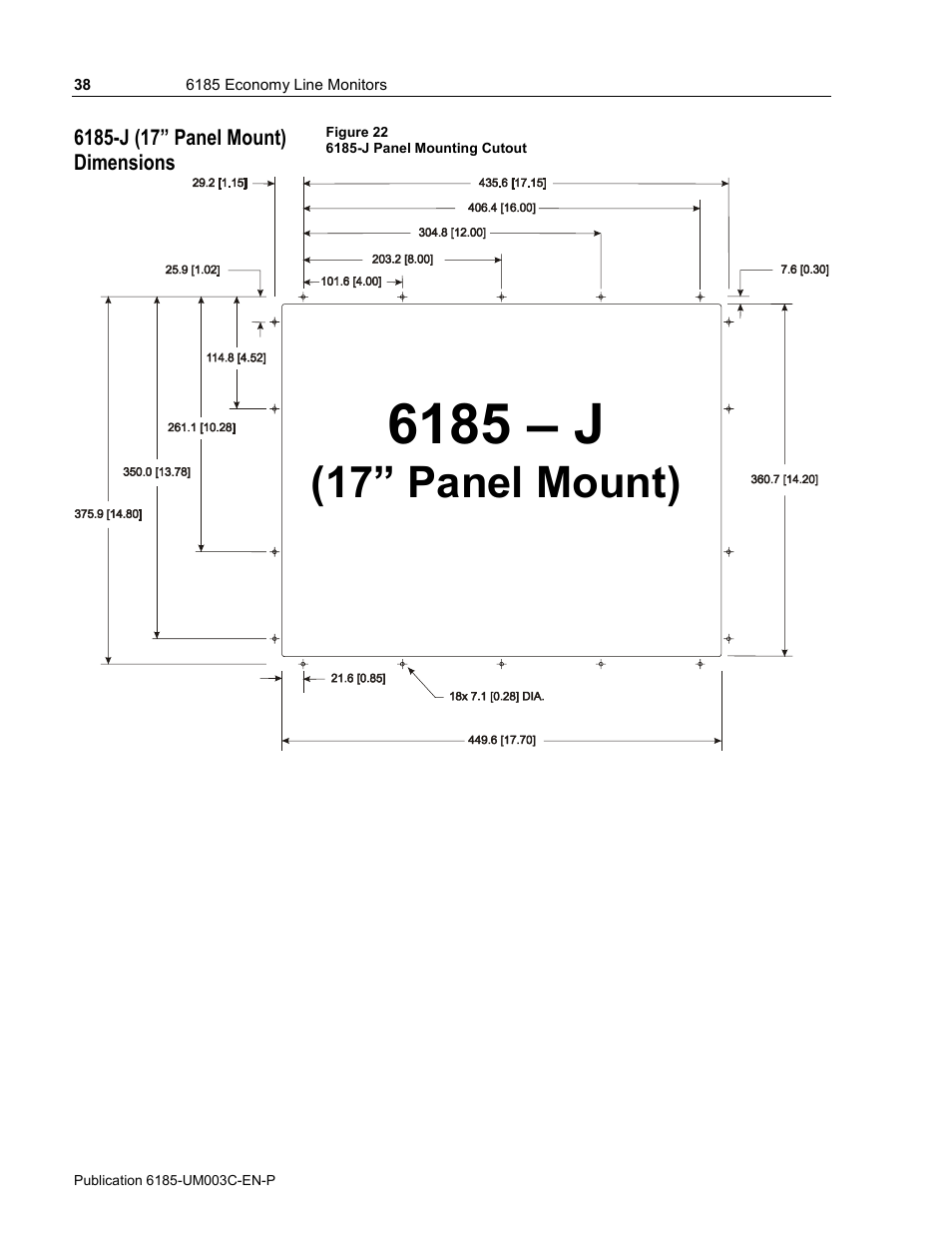 6185-j (17” panel mount) dimensions, 6185 – j, 17” panel mount) | Rockwell Automation 6185-K Economy Line Monitors User Manual User Manual | Page 38 / 48