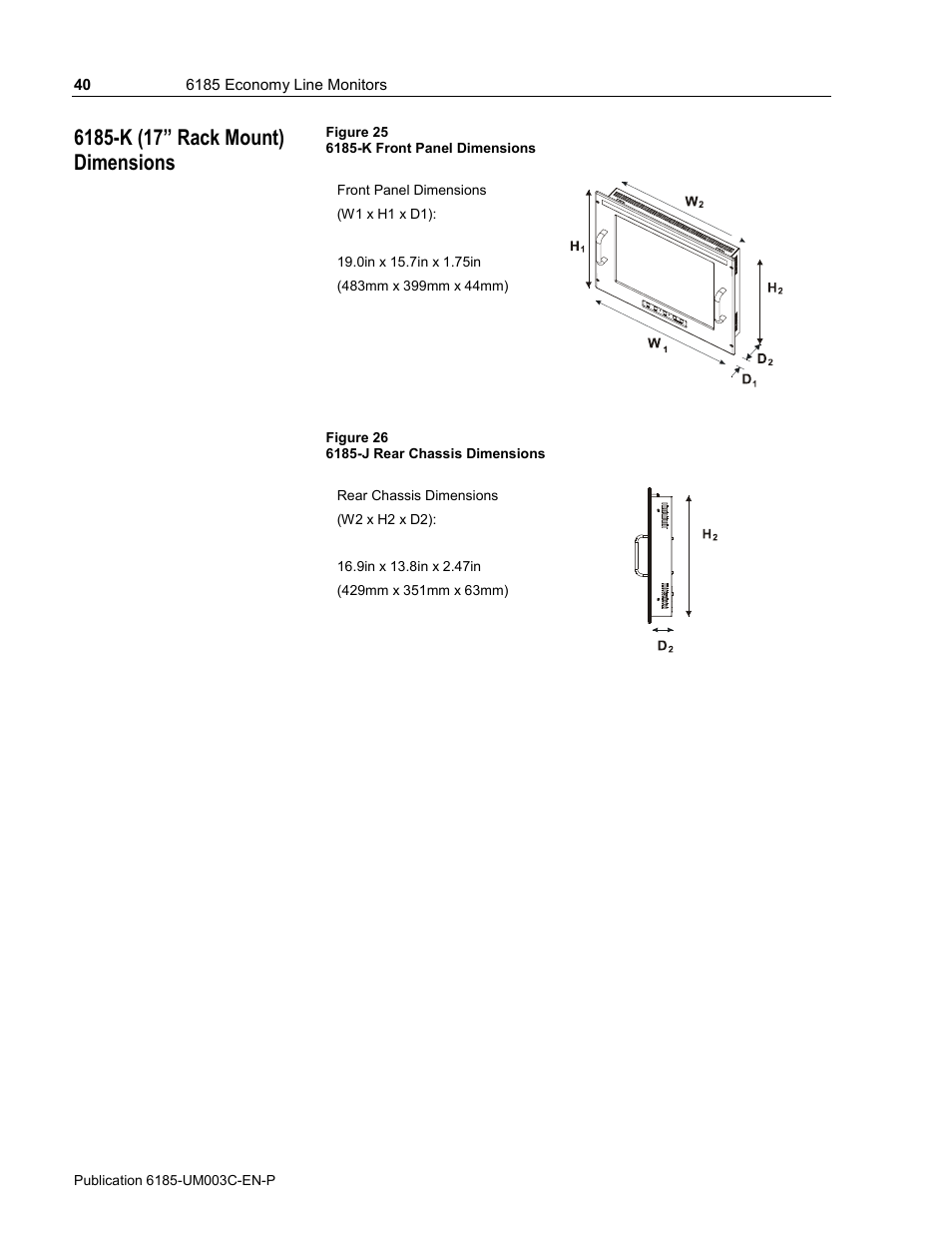 6185-k (17” rack mount) dimensions | Rockwell Automation 6185-K Economy Line Monitors User Manual User Manual | Page 40 / 48