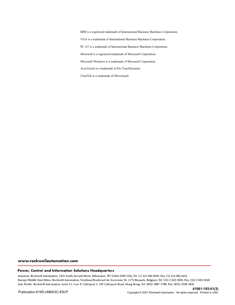 Back cover | Rockwell Automation 6185-K Economy Line Monitors User Manual User Manual | Page 48 / 48