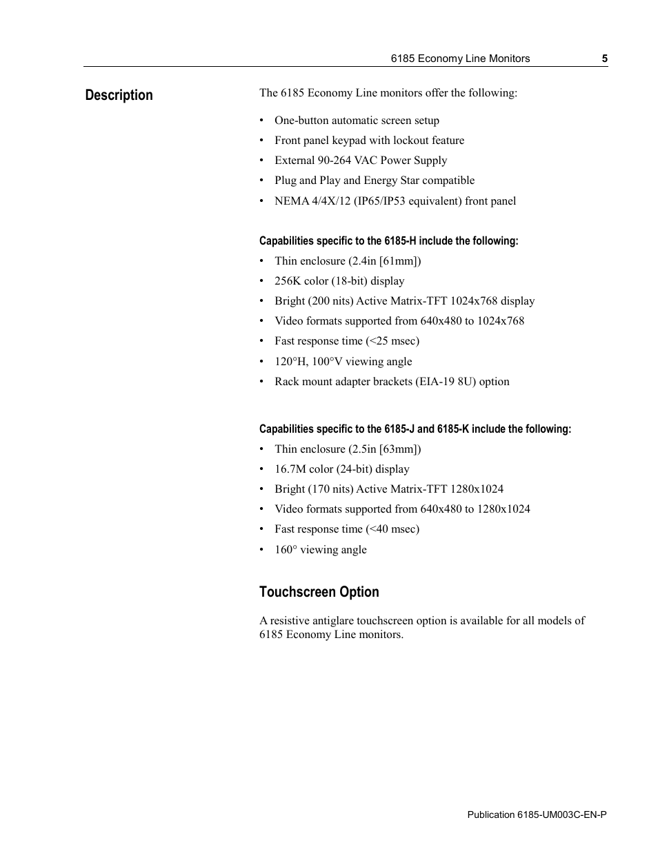 Description, Touchscreen option | Rockwell Automation 6185-K Economy Line Monitors User Manual User Manual | Page 5 / 48