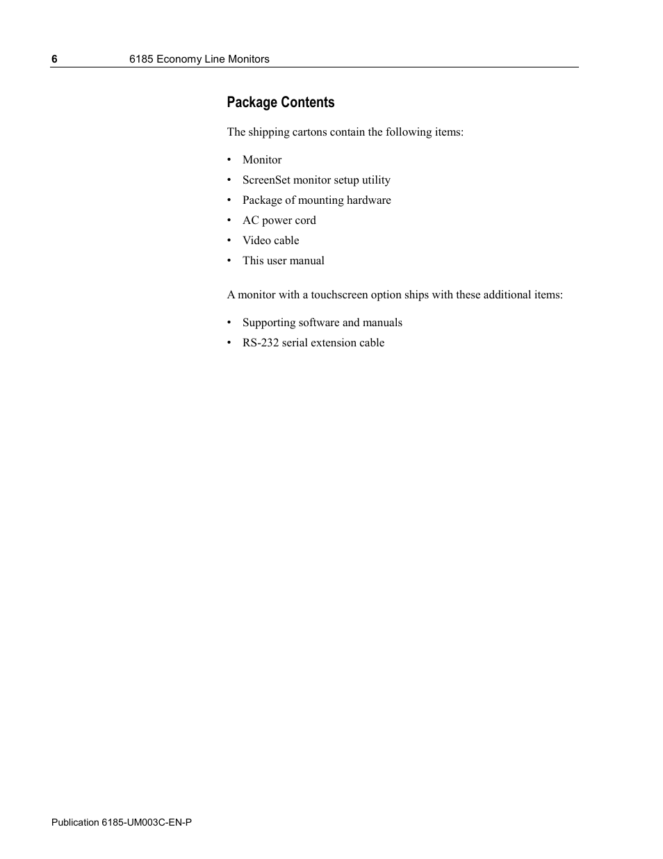 Package contents | Rockwell Automation 6185-K Economy Line Monitors User Manual User Manual | Page 6 / 48