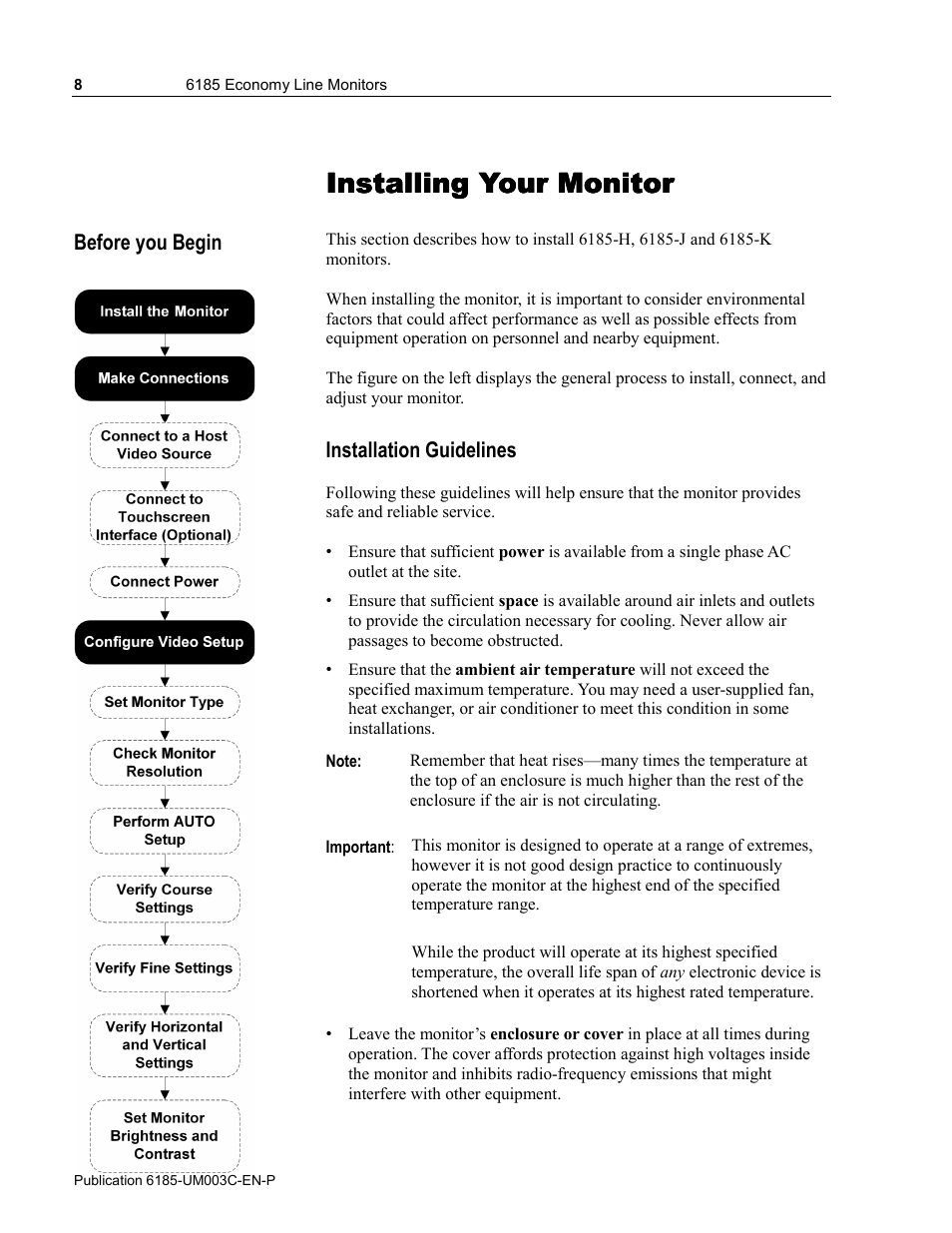 2 - installing your monitor, Before you begin, Installing your monitor | Rockwell Automation 6185-K Economy Line Monitors User Manual User Manual | Page 8 / 48
