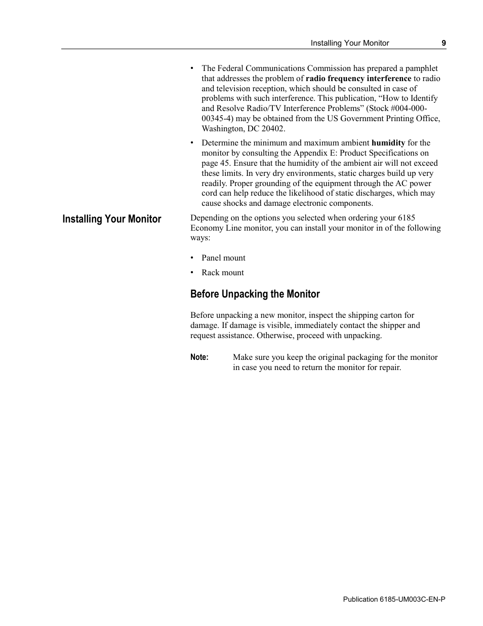 Installing your monitor, Before unpacking the monitor | Rockwell Automation 6185-K Economy Line Monitors User Manual User Manual | Page 9 / 48