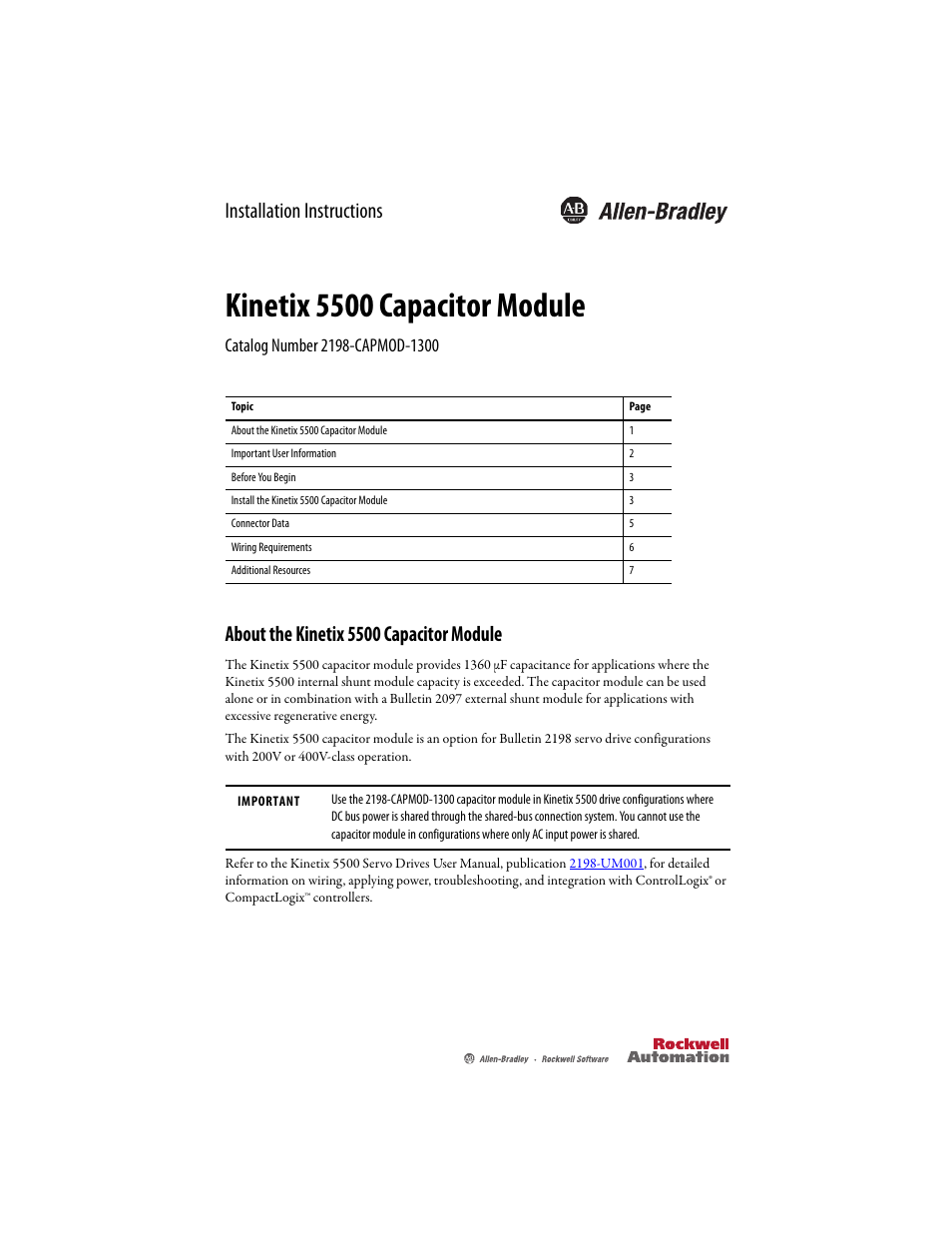 Rockwell Automation 2198-CAPMOD-1300 Kinetix 5500 Capacitor Module Installation Instructions User Manual | 8 pages