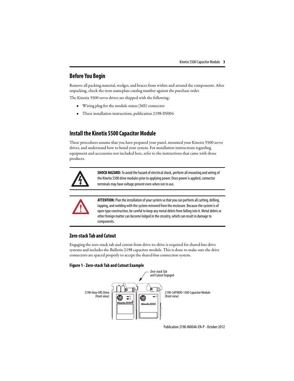 Before you begin, Install the kinetix 5500 capacitor module, Zero-stack tab and cutout | Rockwell Automation 2198-CAPMOD-1300 Kinetix 5500 Capacitor Module Installation Instructions User Manual | Page 3 / 8