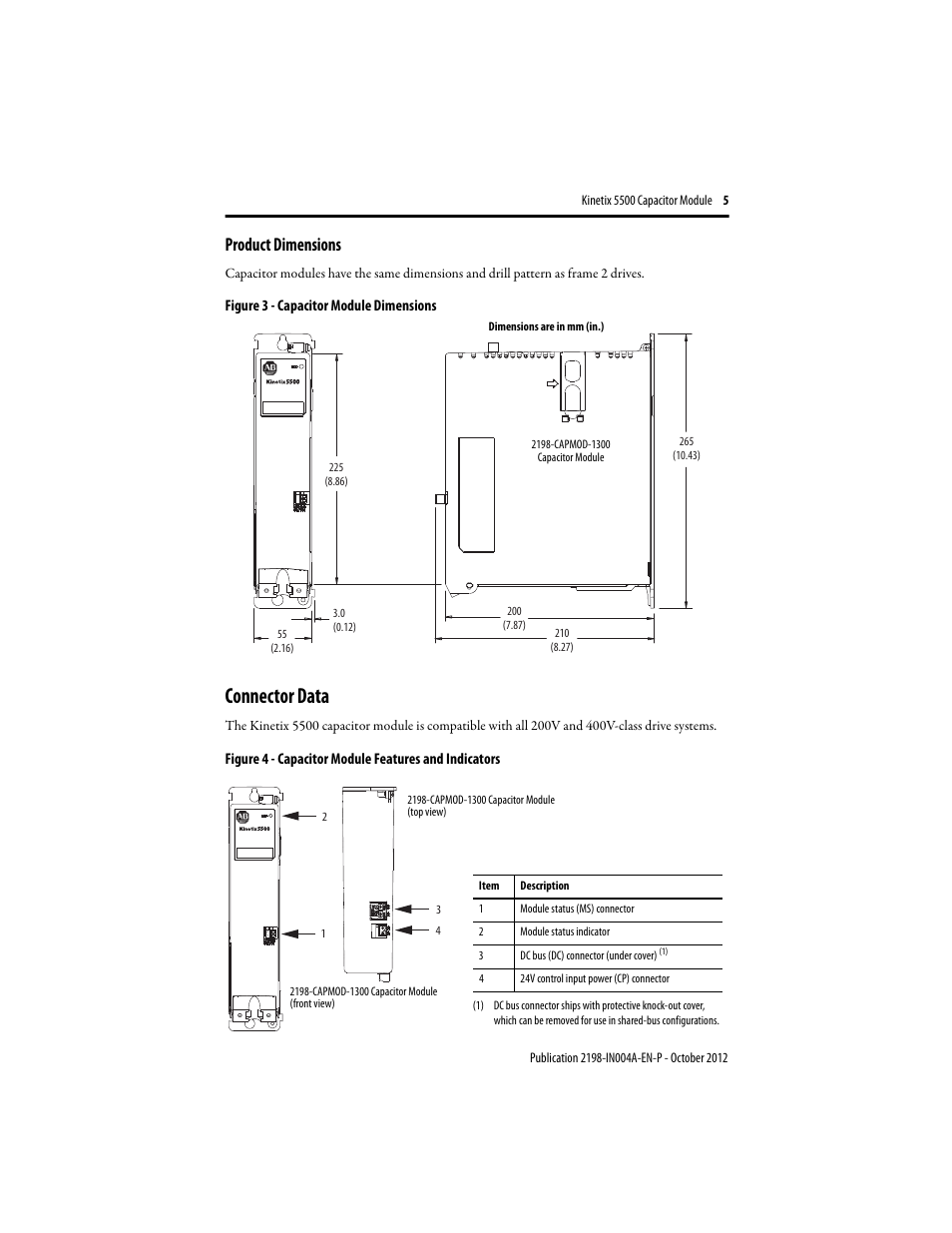 Product dimensions, Connector data | Rockwell Automation 2198-CAPMOD-1300 Kinetix 5500 Capacitor Module Installation Instructions User Manual | Page 5 / 8
