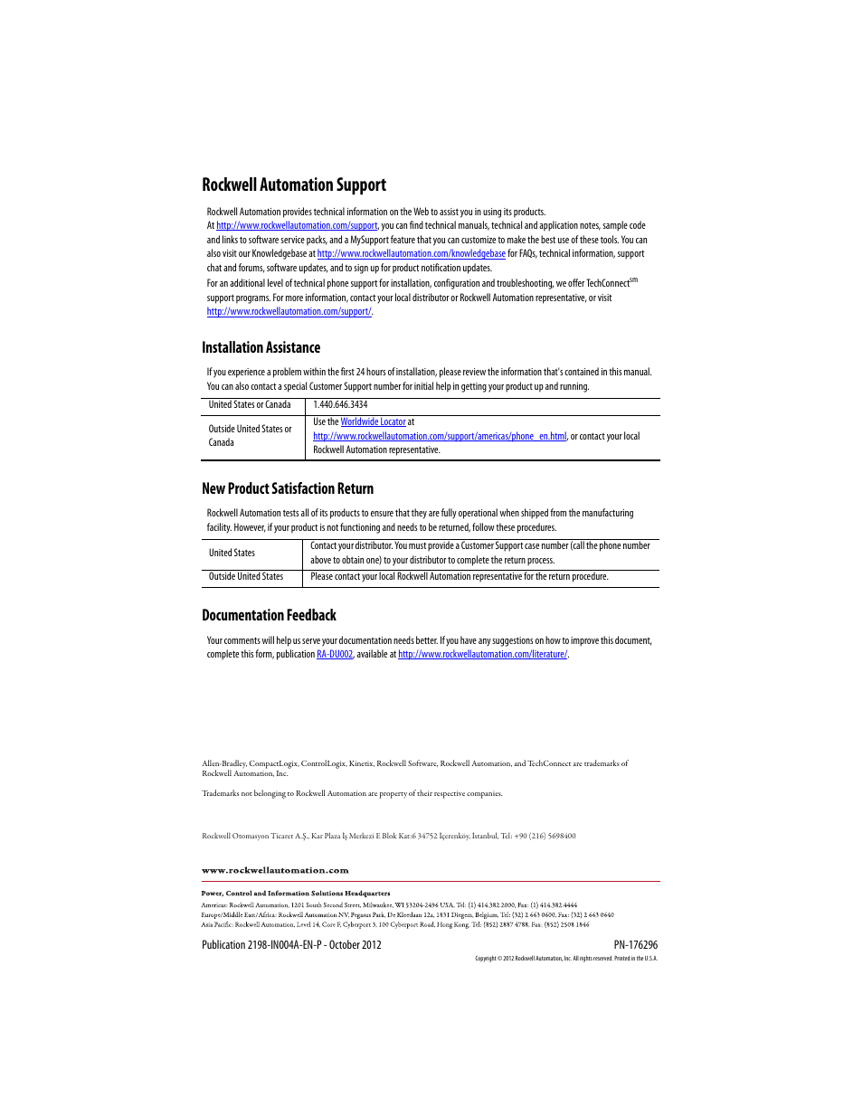 Back cover, Rockwell automation support, Installation assistance | New product satisfaction return, Documentation feedback | Rockwell Automation 2198-CAPMOD-1300 Kinetix 5500 Capacitor Module Installation Instructions User Manual | Page 8 / 8