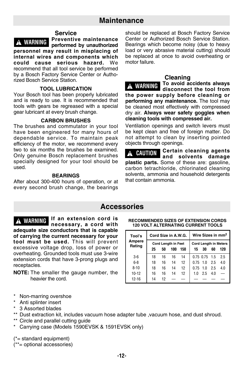 Accessories, Maintenance, Service | Cleaning, Warning, Caution | Bosch 1590EVS User Manual | Page 12 / 36