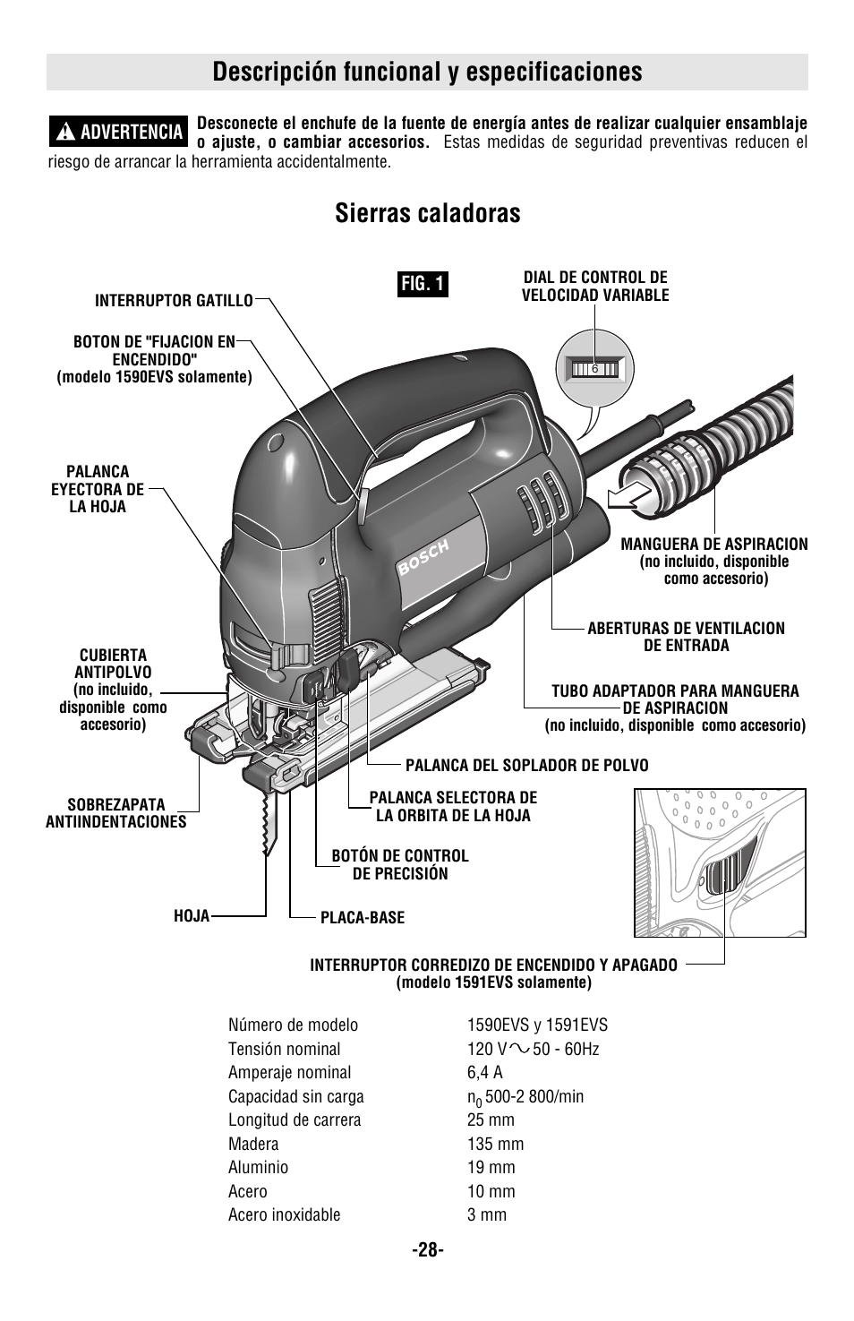 Descripción funcional y especificaciones, Sierras caladoras | Bosch 1590EVS User Manual | Page 28 / 36