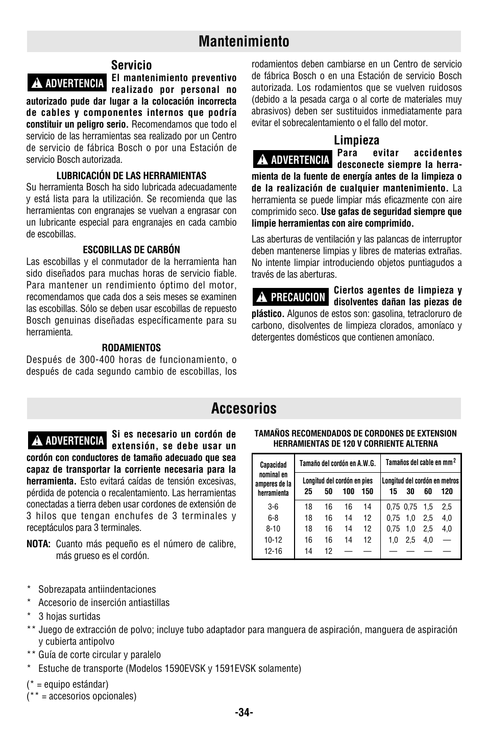 Mantenimiento accesorios, Servicio, Limpieza | Advertencia, Advertencia ! advertencia ! precaucion | Bosch 1590EVS User Manual | Page 34 / 36