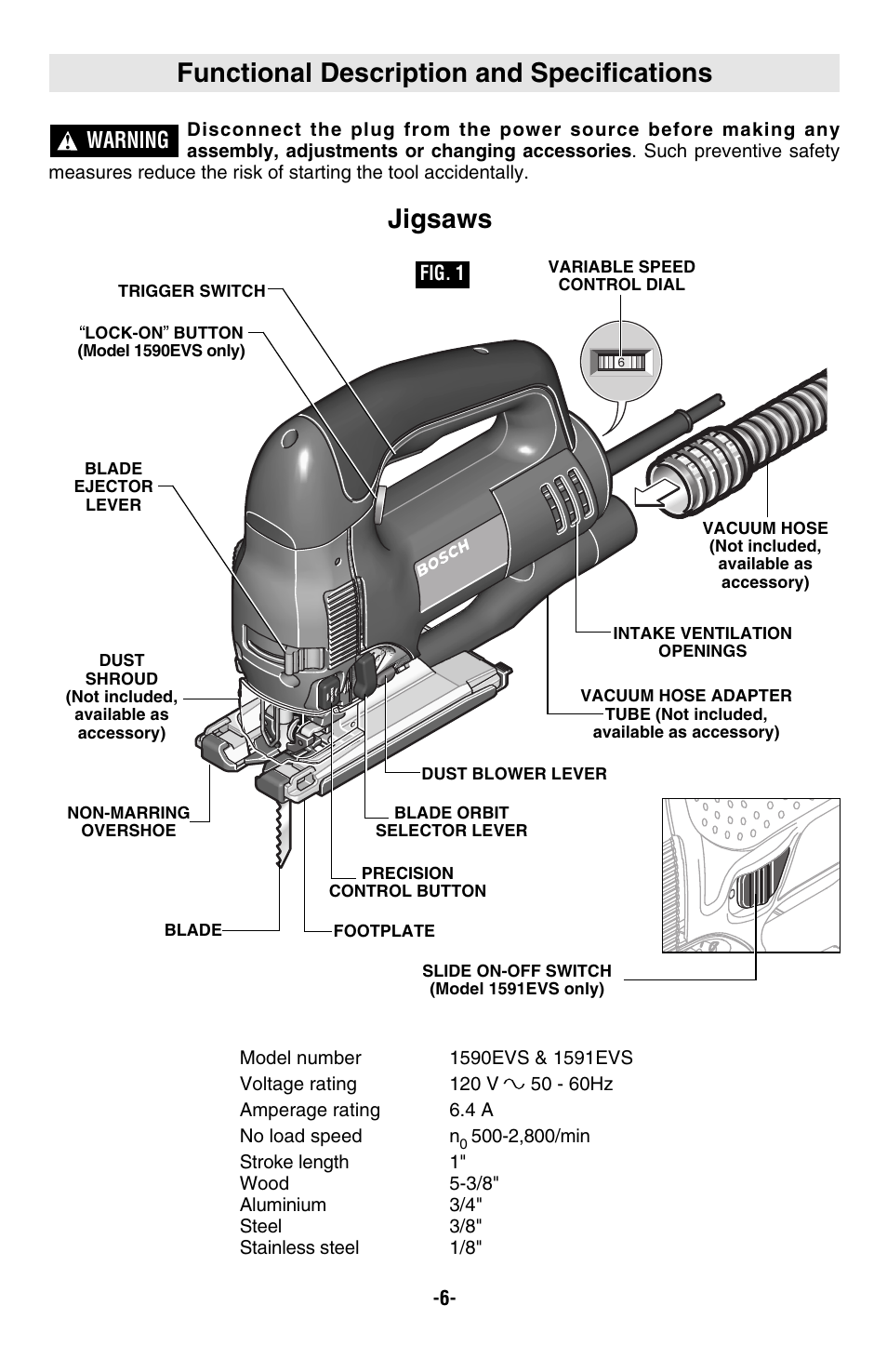 Functional description and specifications, Jigsaws, Warning | Bosch 1590EVS User Manual | Page 6 / 36