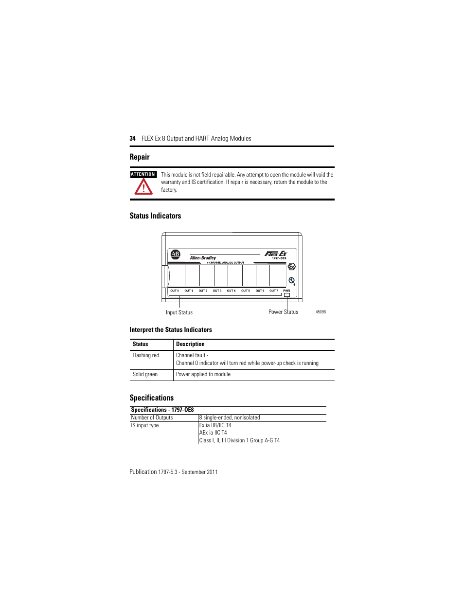 Repair, Status indicators, Specifications | Repair status indicators specifications | Rockwell Automation 1797-OE8H FLEX Ex 8 Output Analog Modules User Manual | Page 34 / 52