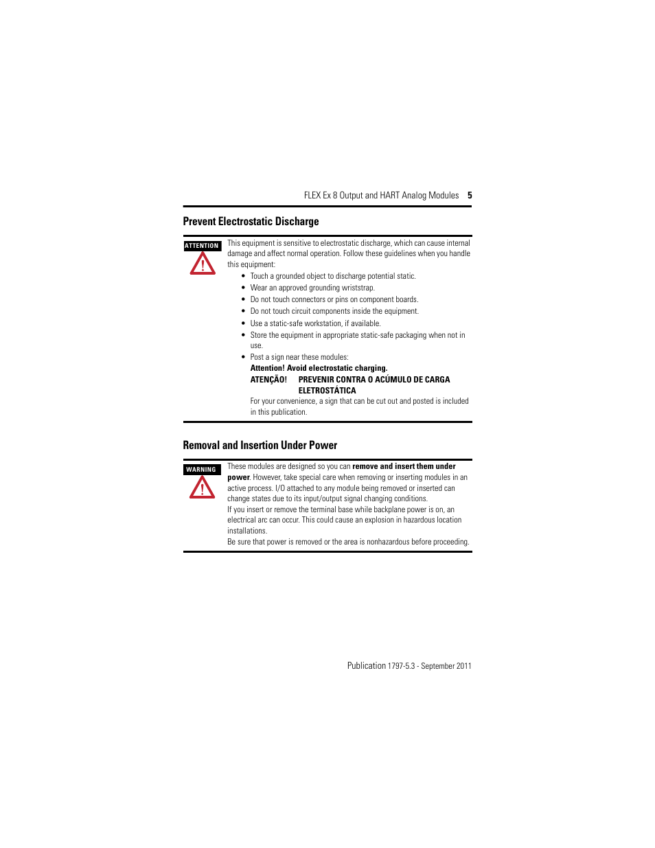 Prevent electrostatic discharge, Removal and insertion under power | Rockwell Automation 1797-OE8H FLEX Ex 8 Output Analog Modules User Manual | Page 5 / 52