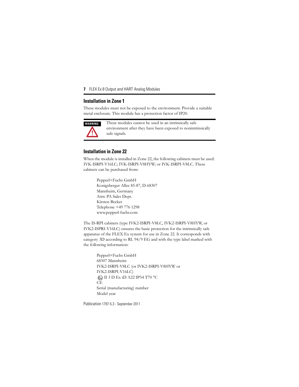 Installation in zone 1, Installation in zone 22 | Rockwell Automation 1797-OE8H FLEX Ex 8 Output Analog Modules User Manual | Page 7 / 52