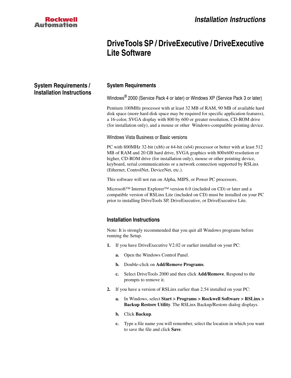 Rockwell Automation 9303 Drive Tools SP / Drive Executive Installation User Manual | 4 pages