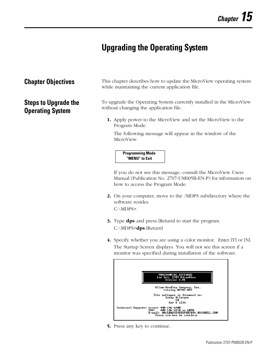 15 - upgrading the operating system, Chapter objectives, Steps to upgrade the operating system | Chapter 15, Upgrading the operating system, Chapter | Rockwell Automation 2707-NP2 MICROVIEW SOFTWARE PROGRAMMING MANUAL User Manual | Page 109 / 134