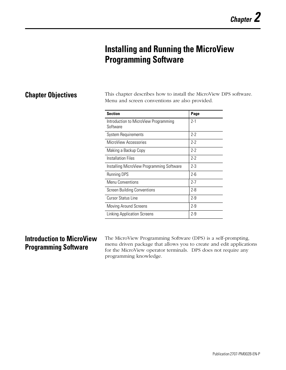 Chapter objectives, Introduction to microview programming software, Chapter 2 | Chapter | Rockwell Automation 2707-NP2 MICROVIEW SOFTWARE PROGRAMMING MANUAL User Manual | Page 11 / 134