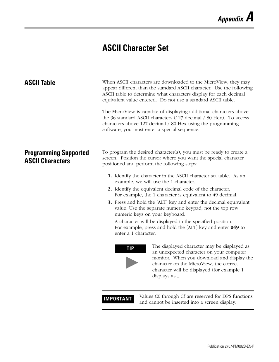 A - ascii character set, Ascii table, Programming supported ascii characters | Appendix a - ascii character set, Ascii character set, Appendix | Rockwell Automation 2707-NP2 MICROVIEW SOFTWARE PROGRAMMING MANUAL User Manual | Page 113 / 134