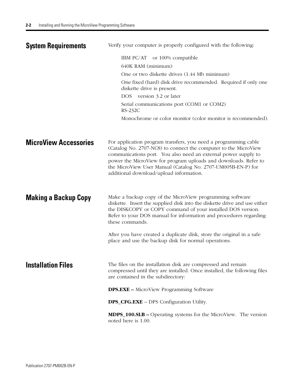 System requirements, Microview accessories, Making a backup copy | Installation files | Rockwell Automation 2707-NP2 MICROVIEW SOFTWARE PROGRAMMING MANUAL User Manual | Page 12 / 134