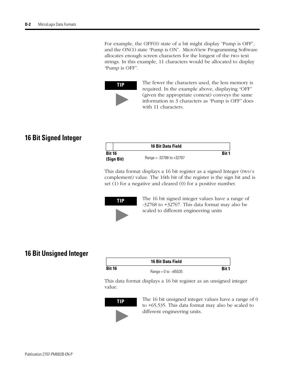 16 bit signed integer, 16 bit unsigned integer | Rockwell Automation 2707-NP2 MICROVIEW SOFTWARE PROGRAMMING MANUAL User Manual | Page 126 / 134