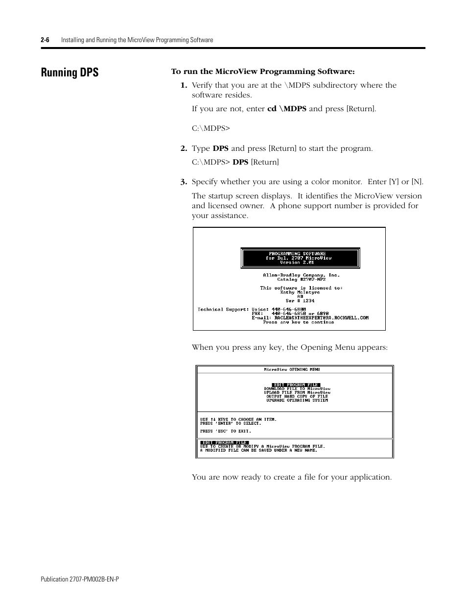 Running dps, Running dps -6 | Rockwell Automation 2707-NP2 MICROVIEW SOFTWARE PROGRAMMING MANUAL User Manual | Page 16 / 134
