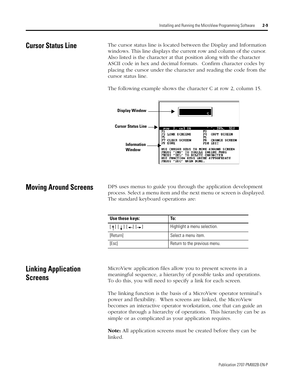 Cursor status line, Moving around screens, Linking application screens | Rockwell Automation 2707-NP2 MICROVIEW SOFTWARE PROGRAMMING MANUAL User Manual | Page 19 / 134