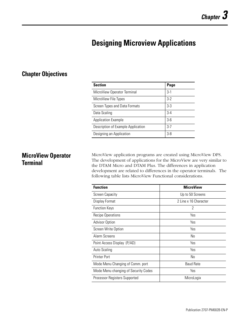 3 - designing microview applications, Chapter objectives, Microview operator terminal | Chapter 3, Designing microview applications, Chapter | Rockwell Automation 2707-NP2 MICROVIEW SOFTWARE PROGRAMMING MANUAL User Manual | Page 21 / 134