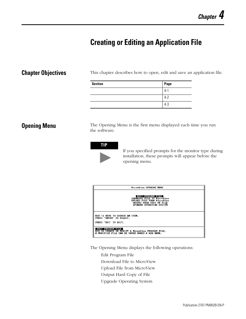 4 - creating or editing an application file, Chapter objectives, Opening menu | Chapter 4, Creating or editing an application file, Chapter objectives -1 opening menu -1, Chapter | Rockwell Automation 2707-NP2 MICROVIEW SOFTWARE PROGRAMMING MANUAL User Manual | Page 31 / 134