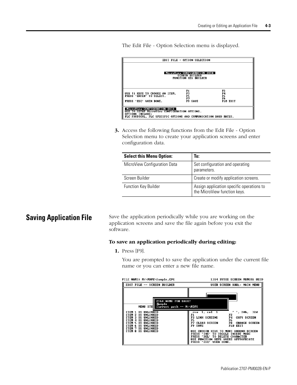 Saving application file, Saving application file -3, Security screen builder -2 | Rockwell Automation 2707-NP2 MICROVIEW SOFTWARE PROGRAMMING MANUAL User Manual | Page 33 / 134