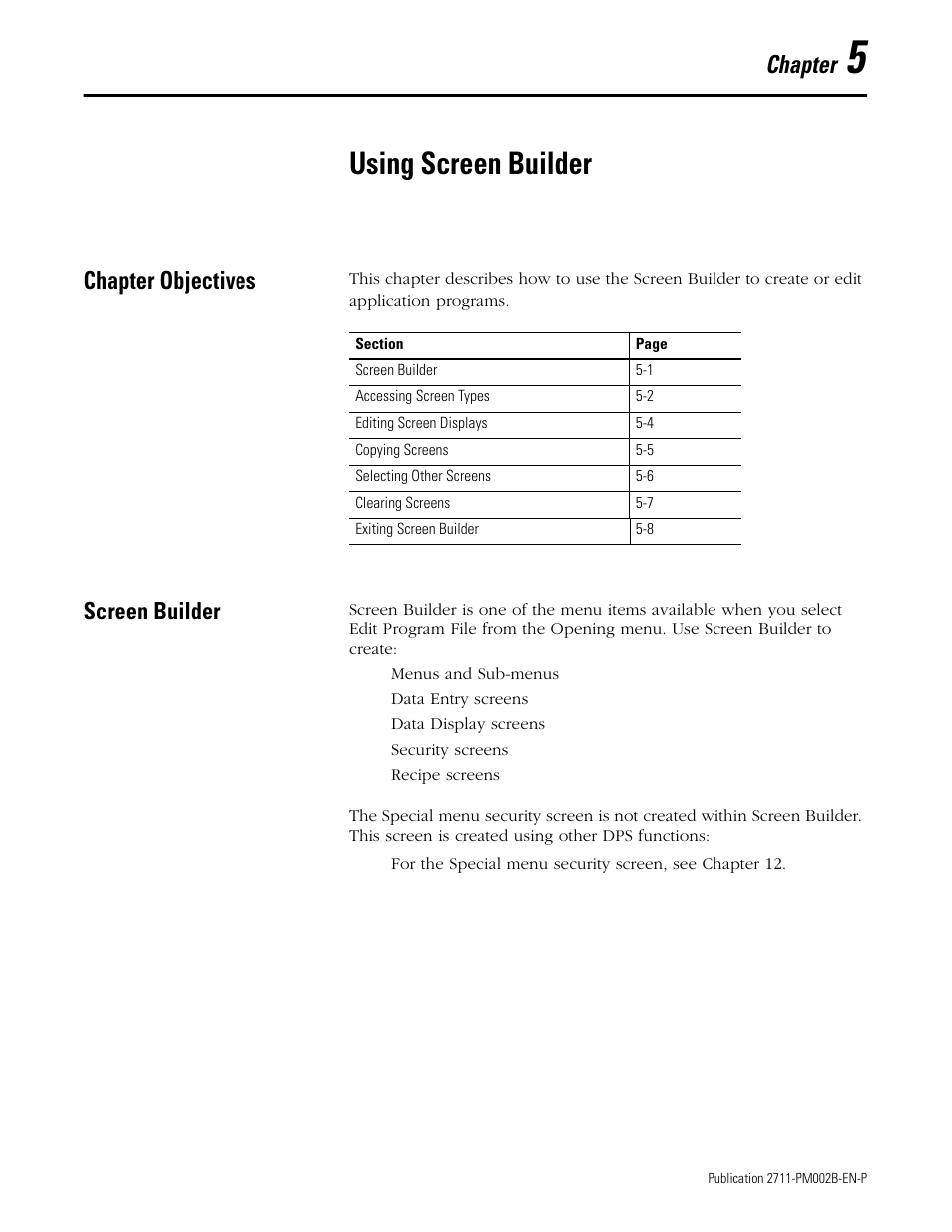 5 - using screen builder, Chapter objectives, Screen builder | Chapter 5, Using screen builder, Chapter objectives -1 screen builder -1, Chapter | Rockwell Automation 2707-NP2 MICROVIEW SOFTWARE PROGRAMMING MANUAL User Manual | Page 35 / 134