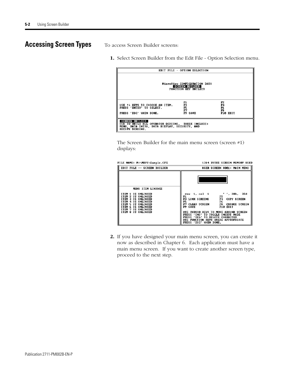 Accessing screen types, Accessing screen types -2 | Rockwell Automation 2707-NP2 MICROVIEW SOFTWARE PROGRAMMING MANUAL User Manual | Page 36 / 134
