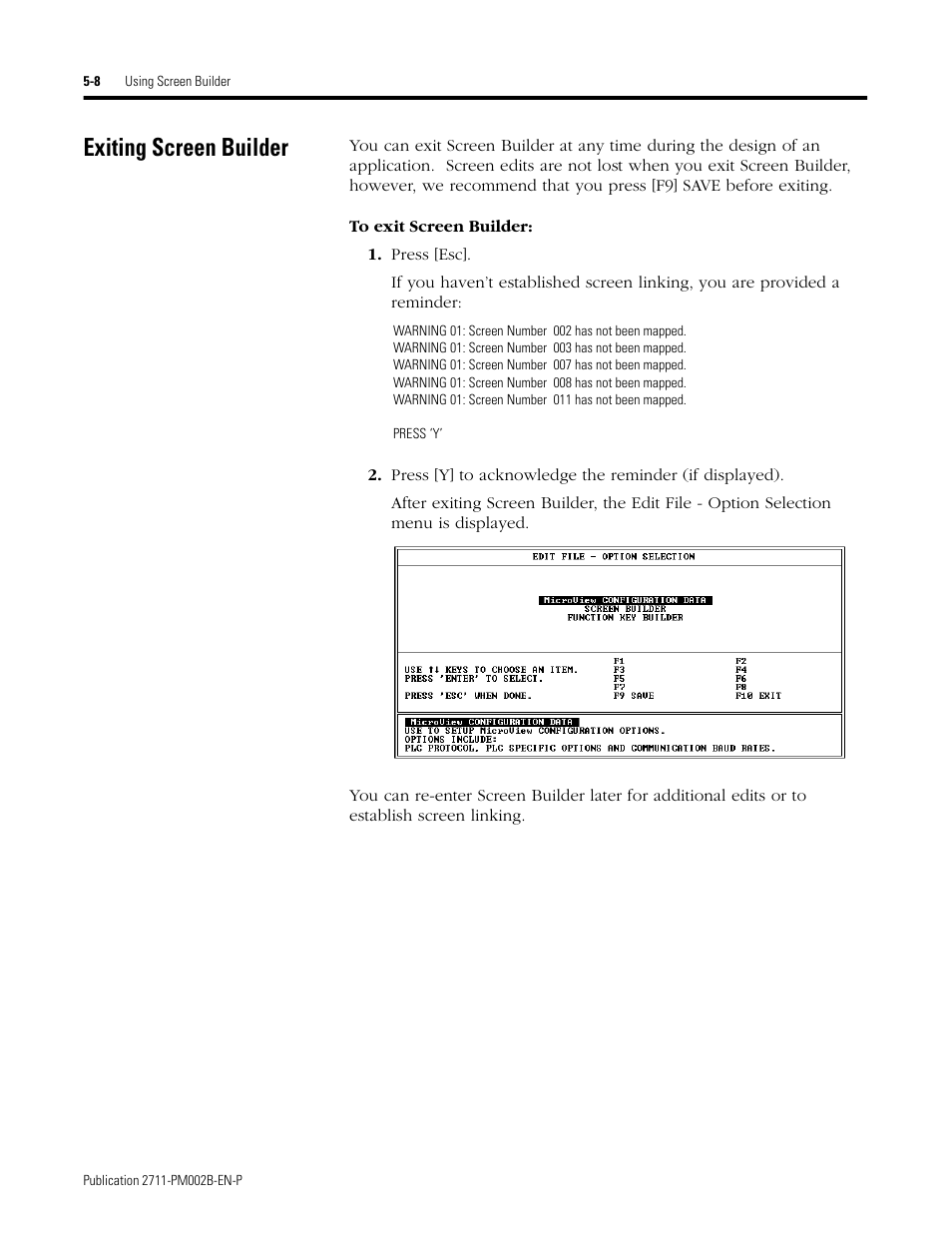 Exiting screen builder, Exiting screen builder -8 | Rockwell Automation 2707-NP2 MICROVIEW SOFTWARE PROGRAMMING MANUAL User Manual | Page 42 / 134
