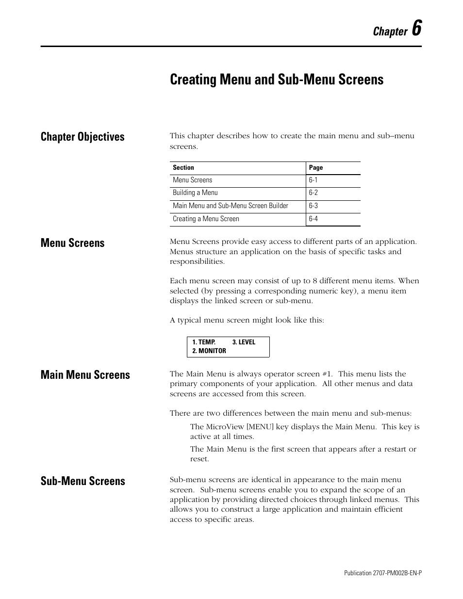 6 - creating menu and sub-menu screens, Chapter objectives, Menu screens | Main menu screens, Sub-menu screens, Chapter 6, Creating menu and sub-menu screens, Chapter | Rockwell Automation 2707-NP2 MICROVIEW SOFTWARE PROGRAMMING MANUAL User Manual | Page 43 / 134