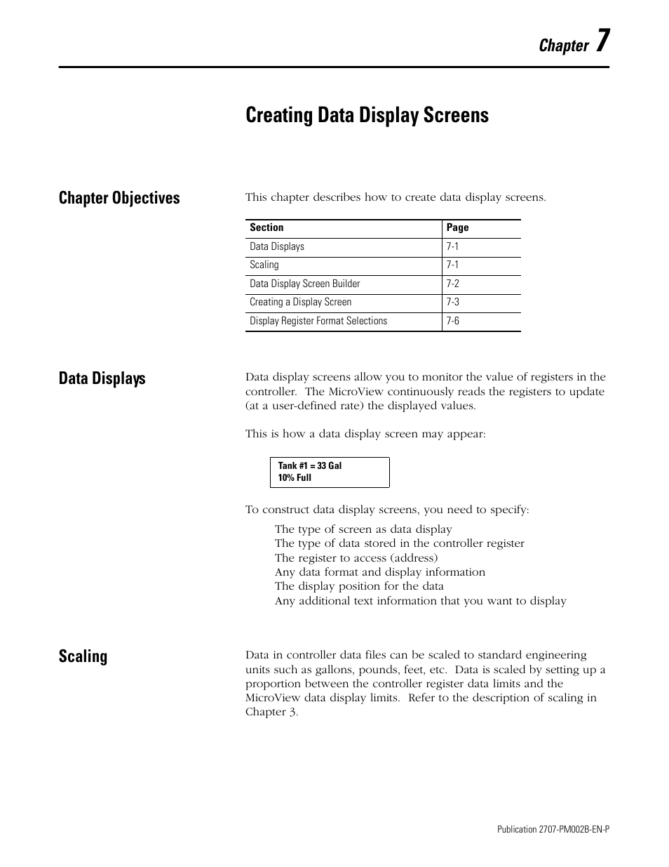 7 - creating data display screens, Chapter objectives, Data displays | Scaling, Chapter 7, Creating data display screens, Chapter objectives -1 data displays -1 scaling -1, Chapter | Rockwell Automation 2707-NP2 MICROVIEW SOFTWARE PROGRAMMING MANUAL User Manual | Page 47 / 134