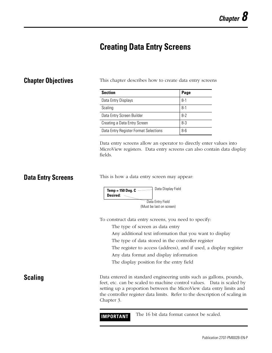 8 - creating data entry screens, Chapter objectives, Data entry screens | Scaling, Chapter 8, Creating data entry screens, Chapter | Rockwell Automation 2707-NP2 MICROVIEW SOFTWARE PROGRAMMING MANUAL User Manual | Page 57 / 134