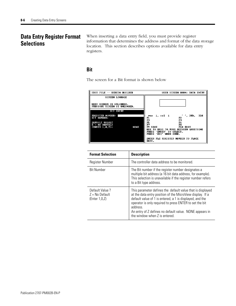 Data entry register format selections, Data entry register format selections -6 | Rockwell Automation 2707-NP2 MICROVIEW SOFTWARE PROGRAMMING MANUAL User Manual | Page 62 / 134