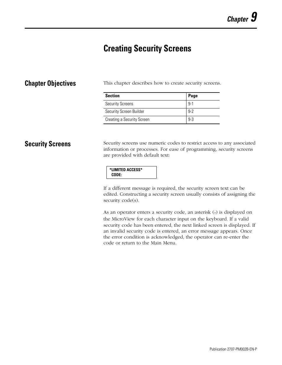 9 - creating security screens, Chapter objectives, Security screens | Chapter 9, Creating security screens, Chapter objectives -1 security screens -1, Chapter | Rockwell Automation 2707-NP2 MICROVIEW SOFTWARE PROGRAMMING MANUAL User Manual | Page 65 / 134