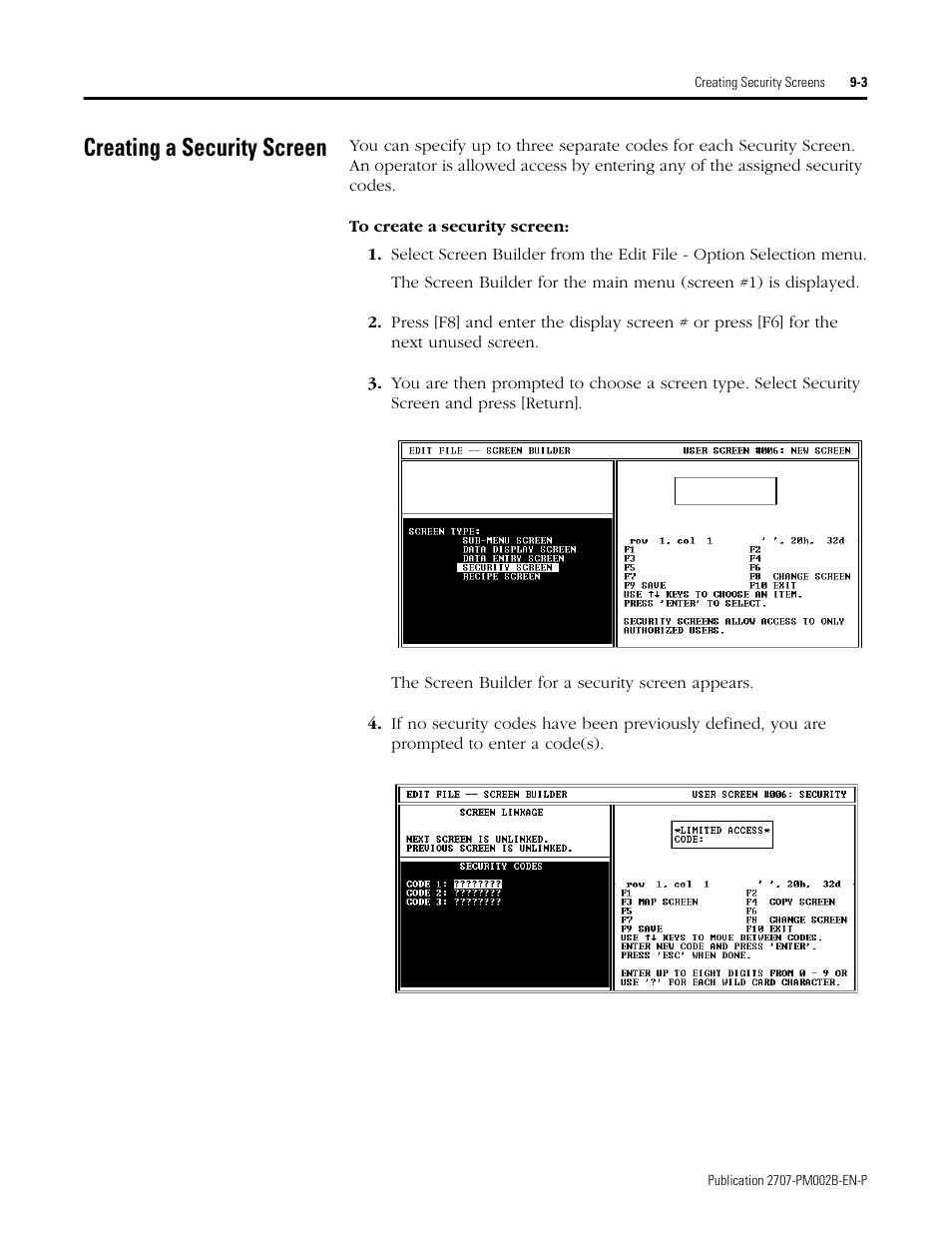 Creating a security screen, Creating a security screen -3 | Rockwell Automation 2707-NP2 MICROVIEW SOFTWARE PROGRAMMING MANUAL User Manual | Page 67 / 134