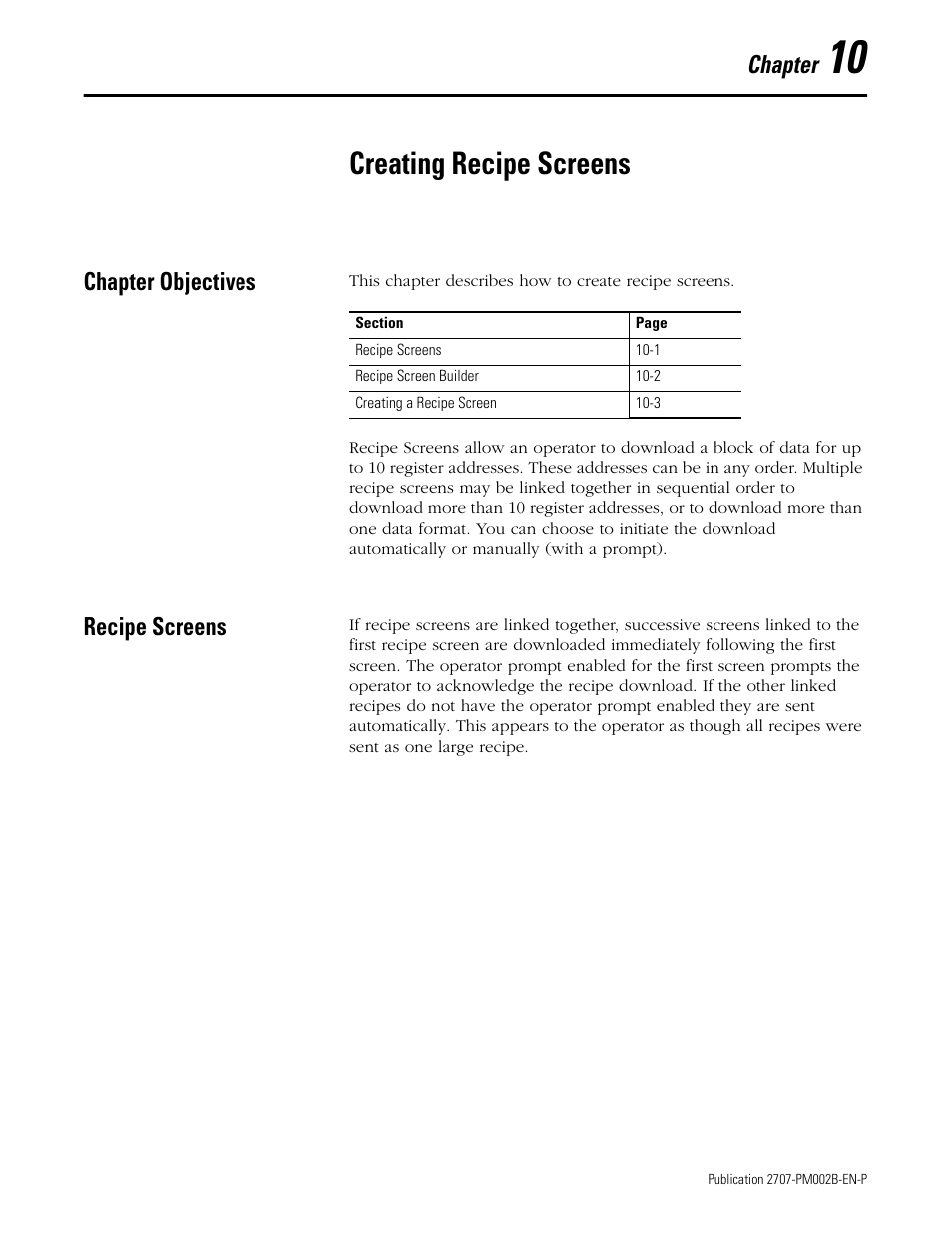 10 - creating recipe screens, Chapter objectives, Recipe screens | Chapter 10, Creating recipe screens, Chapter objectives -1 recipe screens -1, Chapter | Rockwell Automation 2707-NP2 MICROVIEW SOFTWARE PROGRAMMING MANUAL User Manual | Page 69 / 134