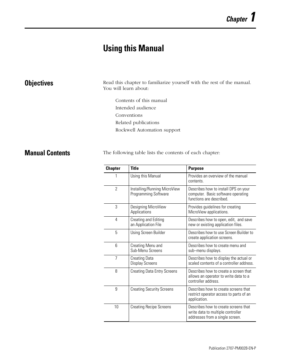 1 - using this manual, Objectives, Manual contents | Chapter 1, Using this manual, Objectives -1 manual contents -1, Chapter | Rockwell Automation 2707-NP2 MICROVIEW SOFTWARE PROGRAMMING MANUAL User Manual | Page 7 / 134