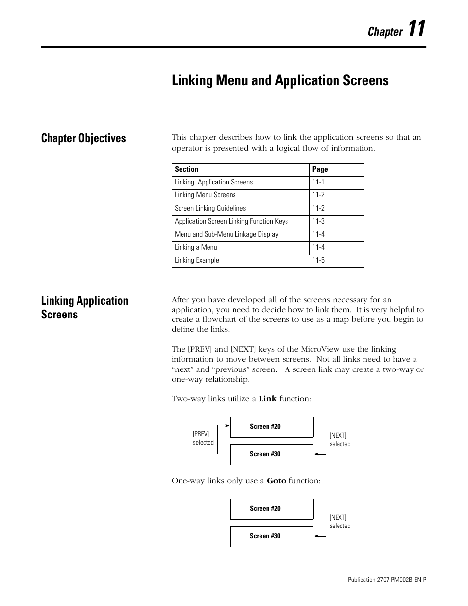 11 - linking menu and application screens, Chapter objectives, Linking application screens | Chapter 11, Linking menu and application screens, Chapter | Rockwell Automation 2707-NP2 MICROVIEW SOFTWARE PROGRAMMING MANUAL User Manual | Page 73 / 134