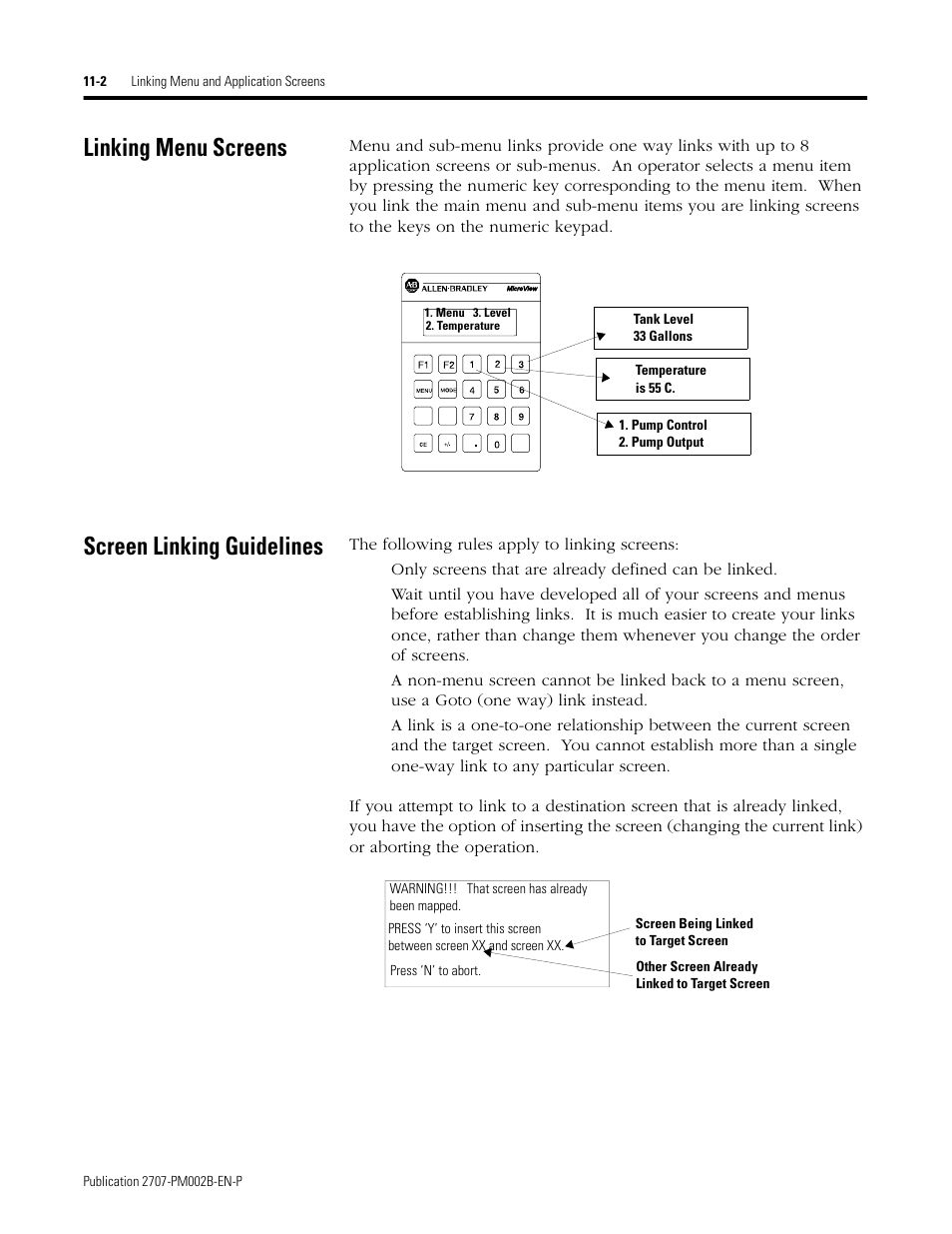 Linking menu screens, Screen linking guidelines | Rockwell Automation 2707-NP2 MICROVIEW SOFTWARE PROGRAMMING MANUAL User Manual | Page 74 / 134