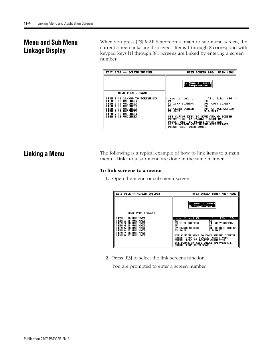 Menu and sub menu linkage display, Linking a menu | Rockwell Automation 2707-NP2 MICROVIEW SOFTWARE PROGRAMMING MANUAL User Manual | Page 76 / 134