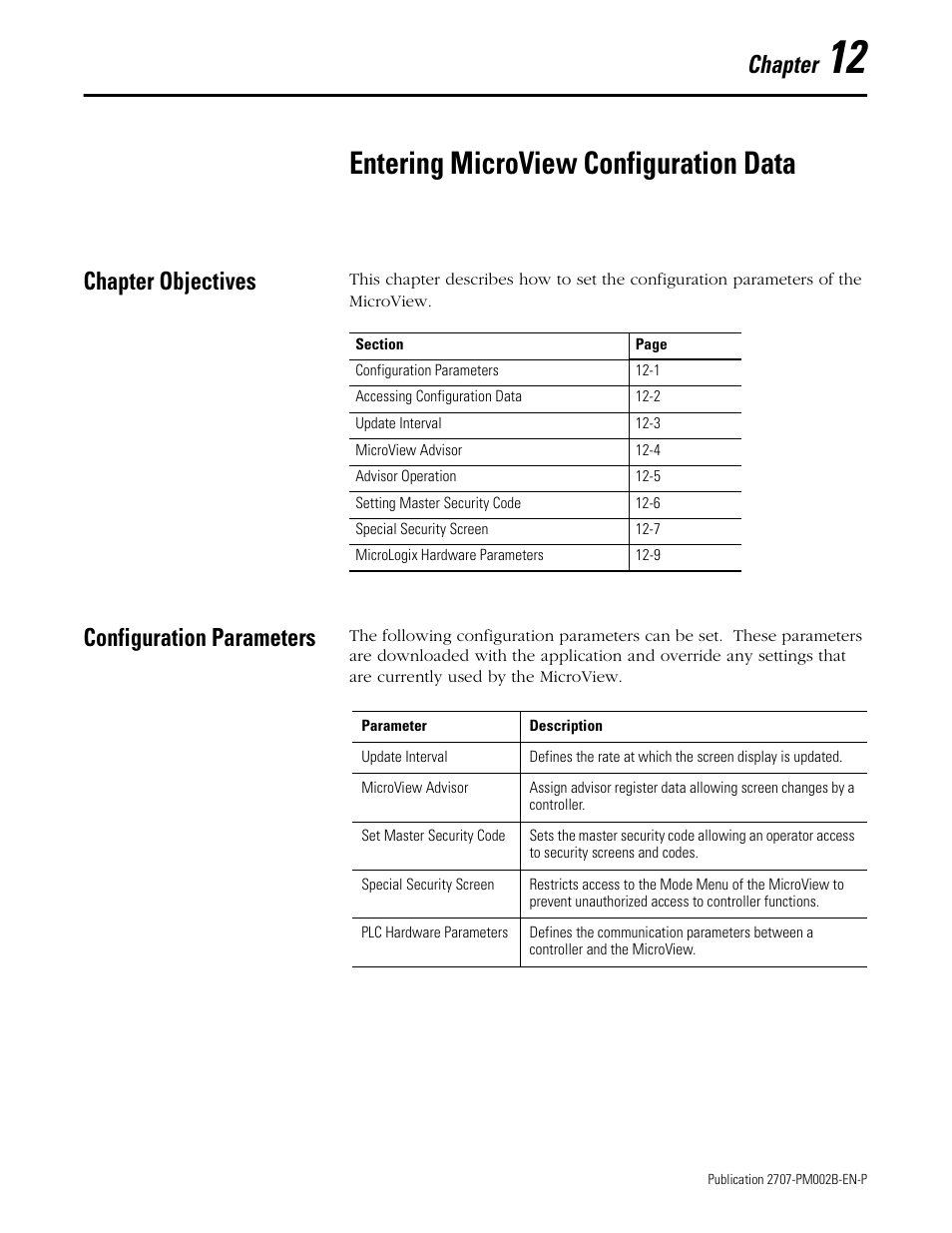 12 - entering microview configuration data, Chapter objectives, Configuration parameters | Chapter 12, Entering microview configuration data, Chapter objectives -1 configuration parameters -1, Chapter | Rockwell Automation 2707-NP2 MICROVIEW SOFTWARE PROGRAMMING MANUAL User Manual | Page 79 / 134