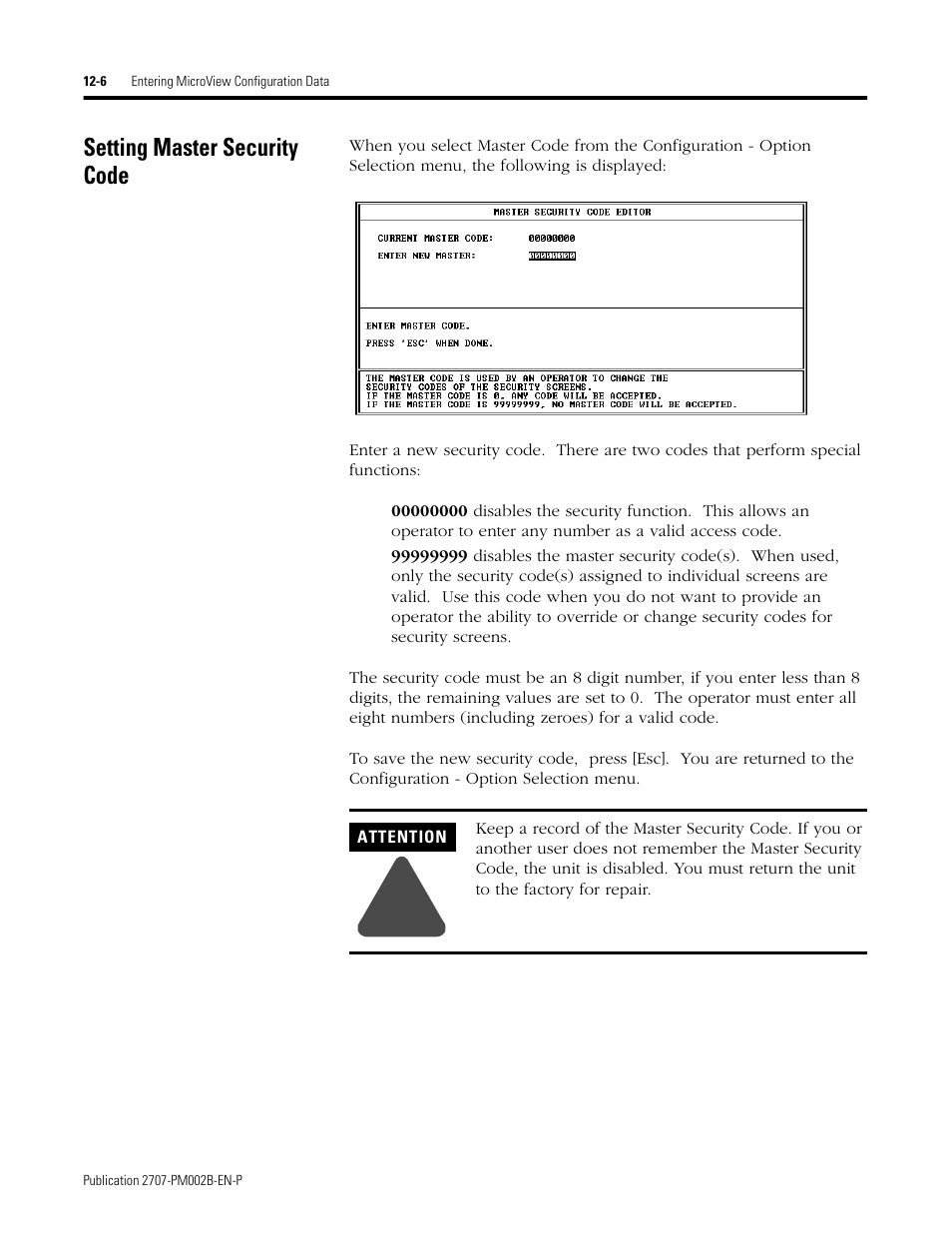 Setting master security code, Setting master security code -6 | Rockwell Automation 2707-NP2 MICROVIEW SOFTWARE PROGRAMMING MANUAL User Manual | Page 84 / 134