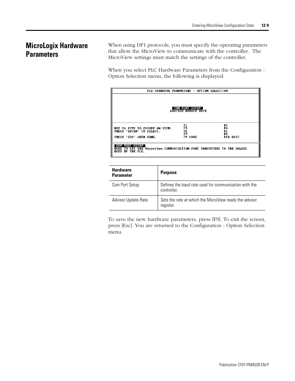 Micrologix hardware parameters, Micrologix hardware parameters -9 | Rockwell Automation 2707-NP2 MICROVIEW SOFTWARE PROGRAMMING MANUAL User Manual | Page 87 / 134