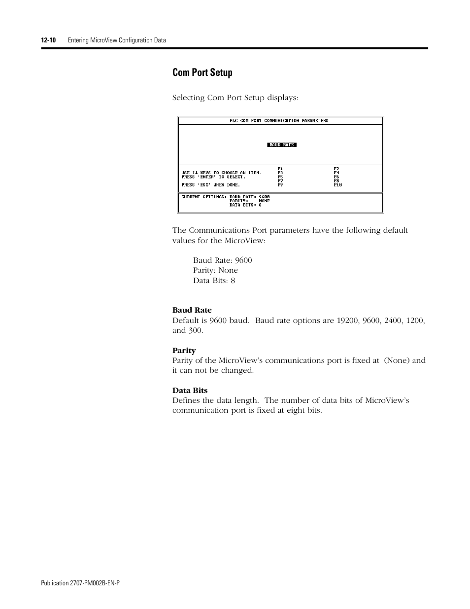 Com port setup | Rockwell Automation 2707-NP2 MICROVIEW SOFTWARE PROGRAMMING MANUAL User Manual | Page 88 / 134