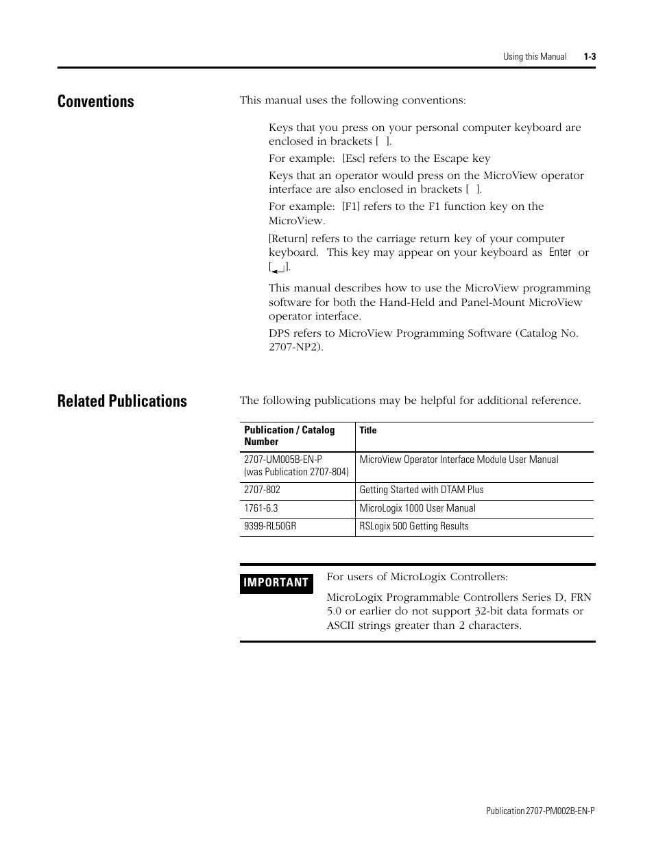 Conventions, Related publications, Conventions -3 related publications -3 | Rockwell Automation 2707-NP2 MICROVIEW SOFTWARE PROGRAMMING MANUAL User Manual | Page 9 / 134