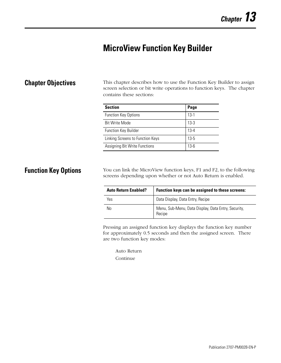 13 - microview function key builder, Chapter objectives, Function key options | Chapter 13, Microview function key builder, Chapter objectives -1 function key options -1, Chapter | Rockwell Automation 2707-NP2 MICROVIEW SOFTWARE PROGRAMMING MANUAL User Manual | Page 91 / 134