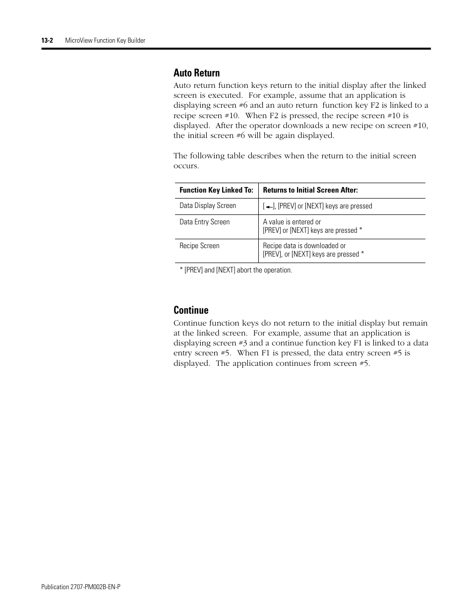 Auto return -2 continue -2, Auto return, Continue | Rockwell Automation 2707-NP2 MICROVIEW SOFTWARE PROGRAMMING MANUAL User Manual | Page 92 / 134